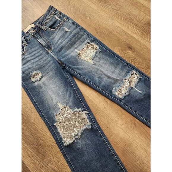 Risen Sequin Mid-rise Straight leg jean stretch cotton blend denim size 27x28 - Picture 3 of 10